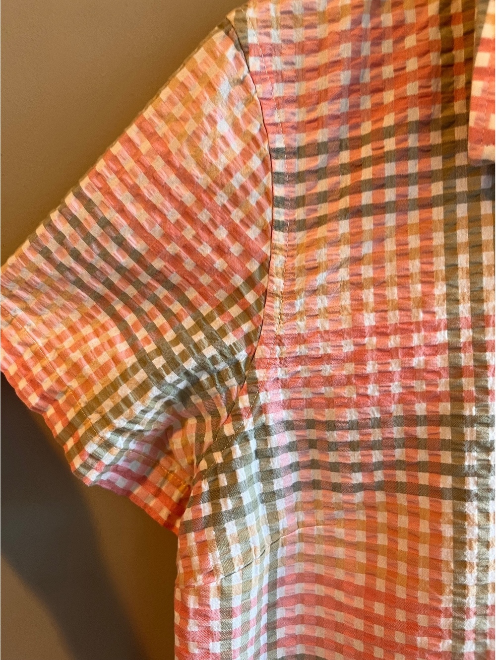 L.L.Bean Vacationland Seersucker Short Sleeve Popover Plaid Shirt Pink Green - Picture 4 of 10